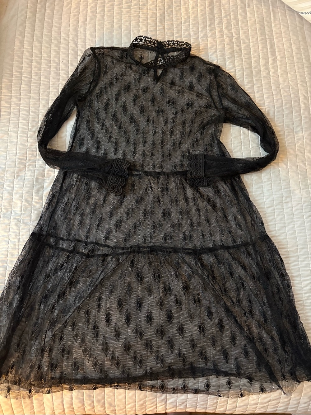 Black Lace Long Sleeve Sheer Midi Dress